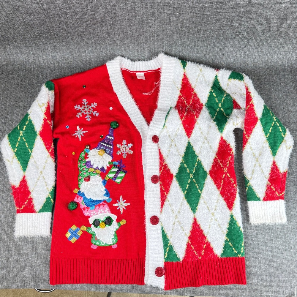 Holiday Time Womens Ugly Christmas Sweater Cardigan Gnome Argyle Red XL (16-18)